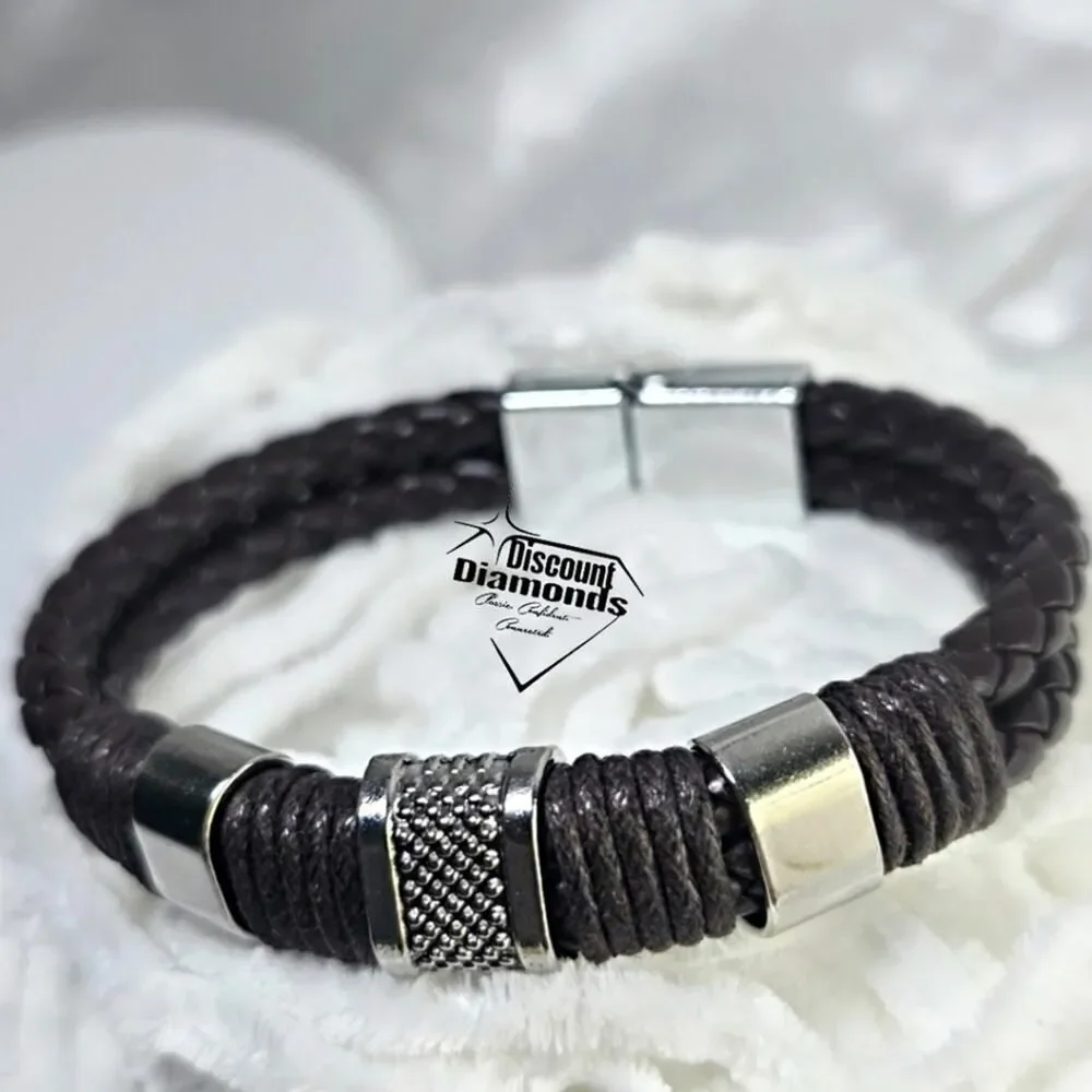 Brown Braded Leather Bracelet Silver Stainless Steel